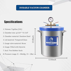 9 Gallon Tempered Glass Vacuum Chamber with 5 CFM 1/3HP Single Stage Vacuum Pump Without Oil, 33L St