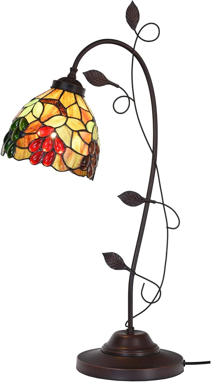 Bieye L10763 Grape Tiffany Style Stained Glass Table Lamp with Grapevine Decorated Base, 28.5 inches