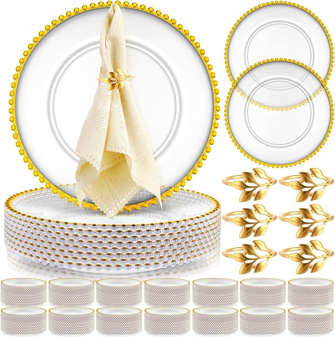 Bokon 47 Sets Clear Charger Plates Bulk 13 Inch Gold Beaded Plastic Charger Plates with Napkin Rings