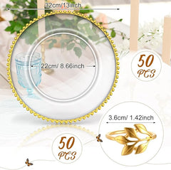 Bokon 47 Sets Clear Charger Plates Bulk 13 Inch Gold Beaded Plastic Charger Plates with Napkin Rings