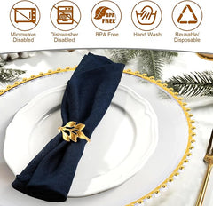 Bokon 47 Sets Clear Charger Plates Bulk 13 Inch Gold Beaded Plastic Charger Plates with Napkin Rings