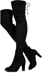 Comfy Vegan Suede Block Heel Slip On Thigh High Over the Knee Boots