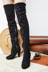 Comfy Vegan Suede Block Heel Slip On Thigh High Over the Knee Boots