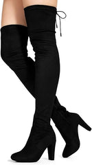 Comfy Vegan Suede Block Heel Slip On Thigh High Over the Knee Boots