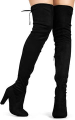 Comfy Vegan Suede Block Heel Slip On Thigh High Over the Knee Boots