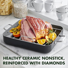 GreenPan Chatham Hard Anodized Healthy Ceramic Nonstick, 16" x 13" Roasting Pan with Roaster Rack