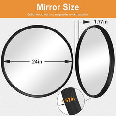 Round Mirror 24 Inch, Black Wood Mirror, Wall Circle Mirrors, Large Wood Frame Mirror, Round Mirrors