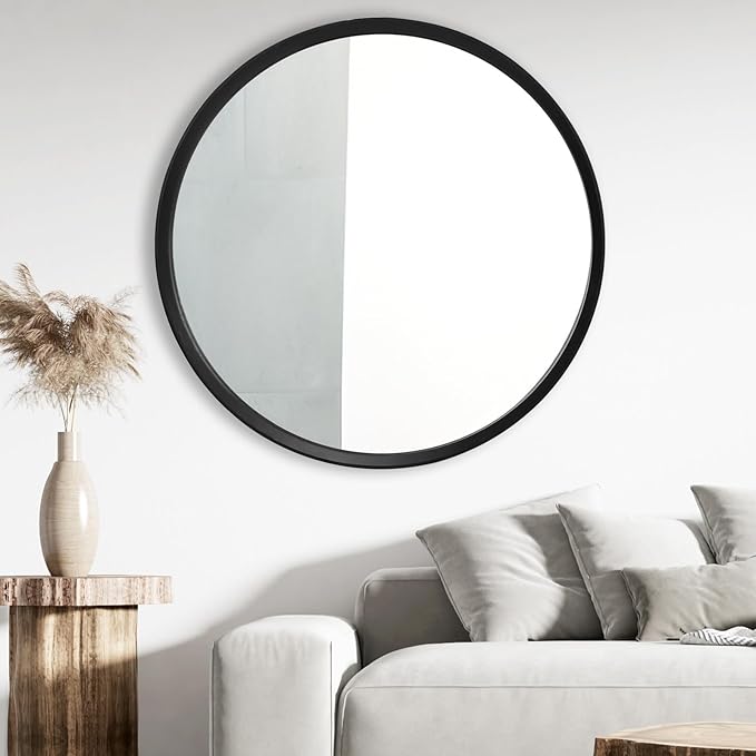 Round Mirror 24 Inch, Black Wood Mirror, Wall Circle Mirrors, Large Wood Frame Mirror, Round Mirrors