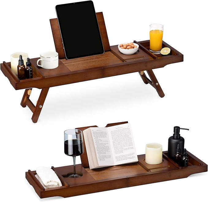 Navaris Bed and Bath Tray - Wooden Rack with Folding Legs