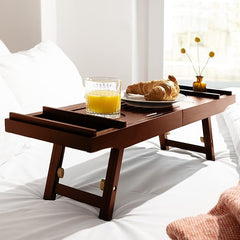 Navaris Bed and Bath Tray - Wooden Rack with Folding Legs