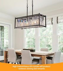 Q&S Modern Crystal Chandelier -Black - Rectangle- 4 Lights