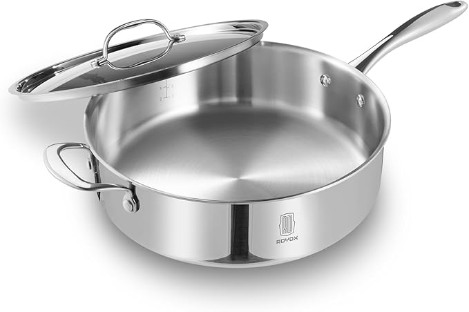 ROYDX 12 inch Stainless steel skillet with Lid 5qt Deep Frying pan