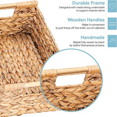 VATIMA Large Wicker Basket Rectangular with Wooden Handles for Shelves