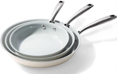 Ceramic Non-Stick Frying Pan, 3PCS Cookware Skillet Nonstick with Cast Steel Handle, PTFE PFAS and P
