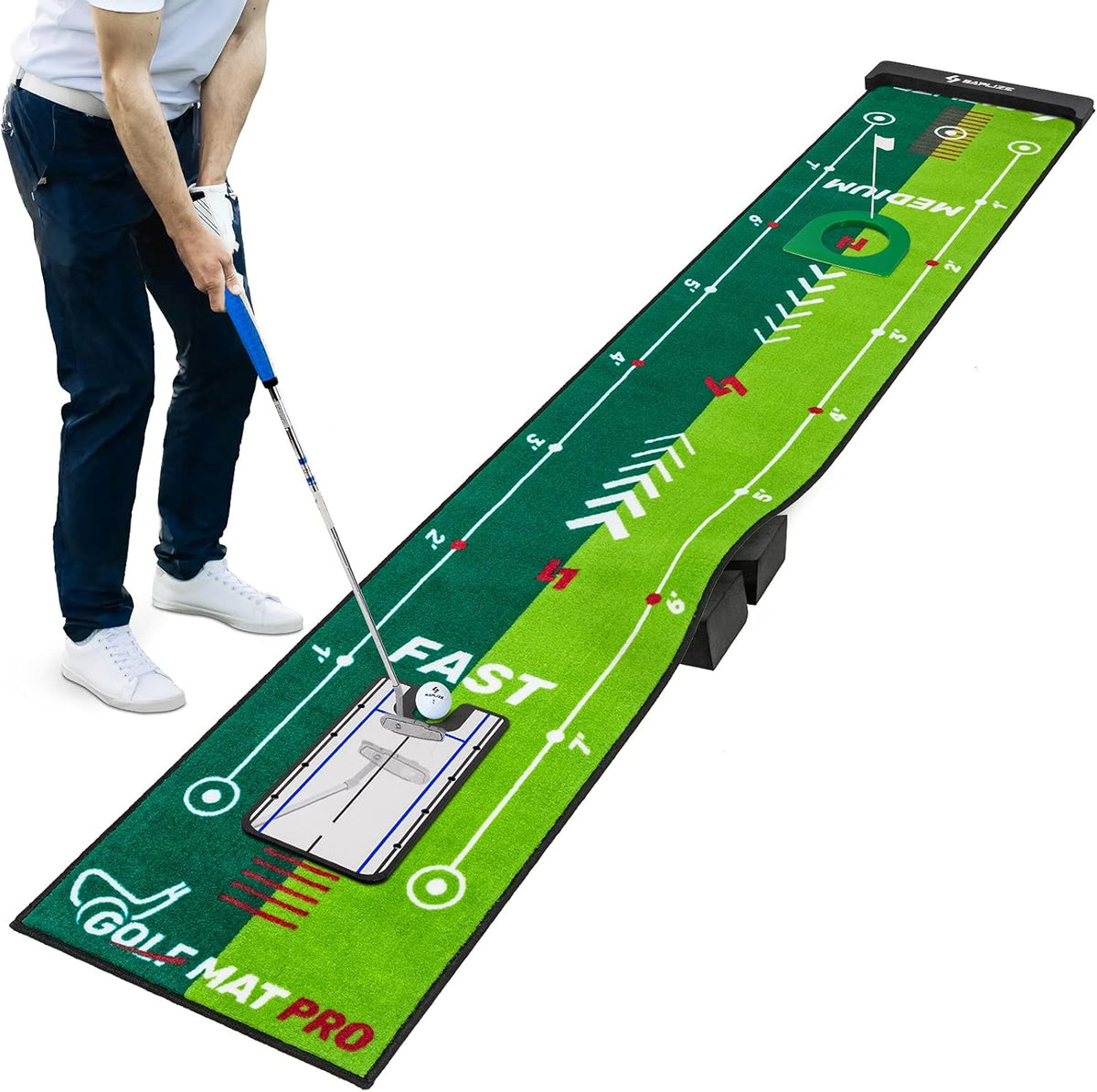 SAPLIZE Two-Speed Golf Putting Practice Mat with Putting Alignment Mirror