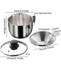 Elolicu Stainless Steel Fat Separator, 1000ML Gravy Grease Separator with Strainer and Glass Lid Oil